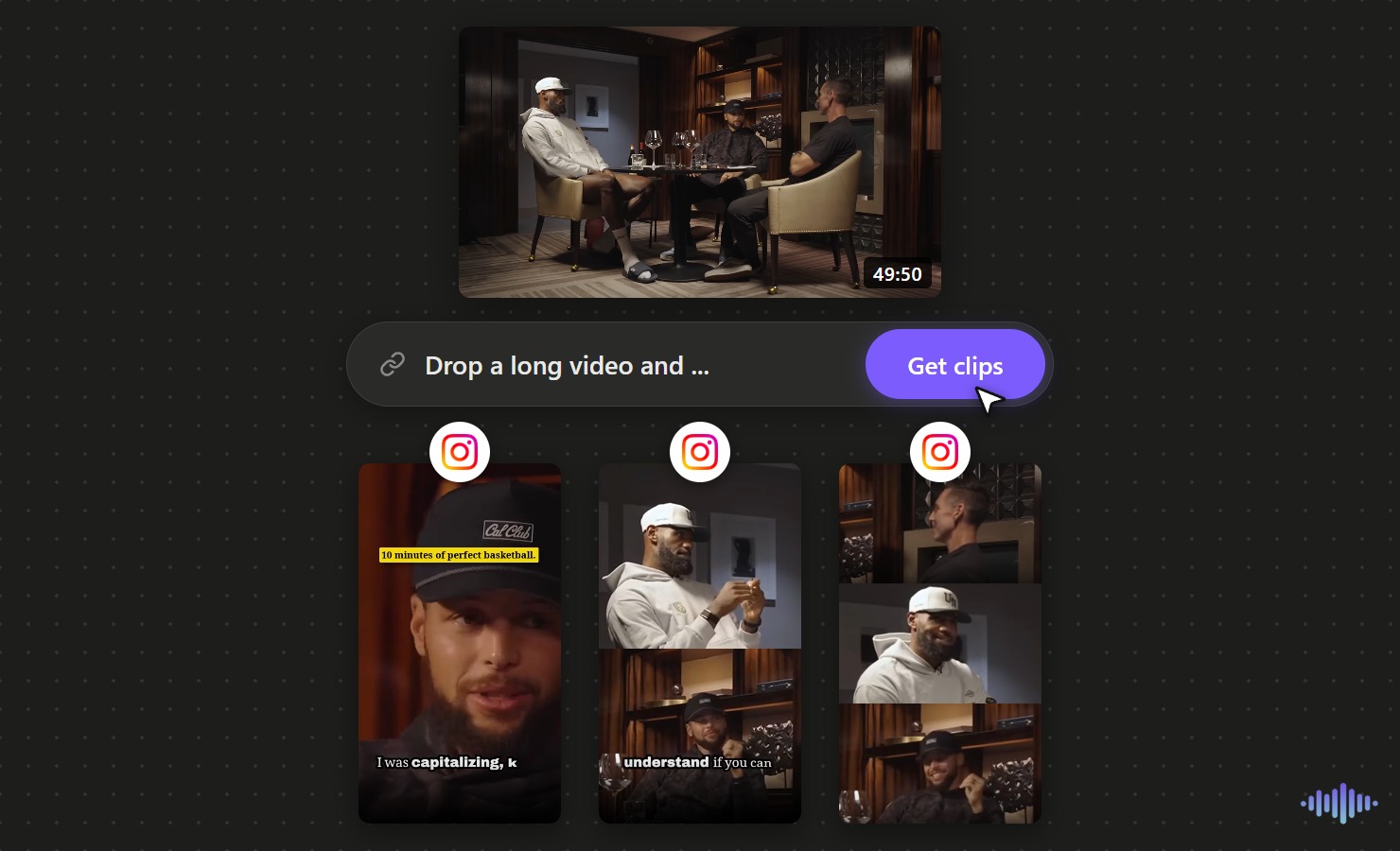 Voice Creator Pro turning a long video into short vertical clips with captions