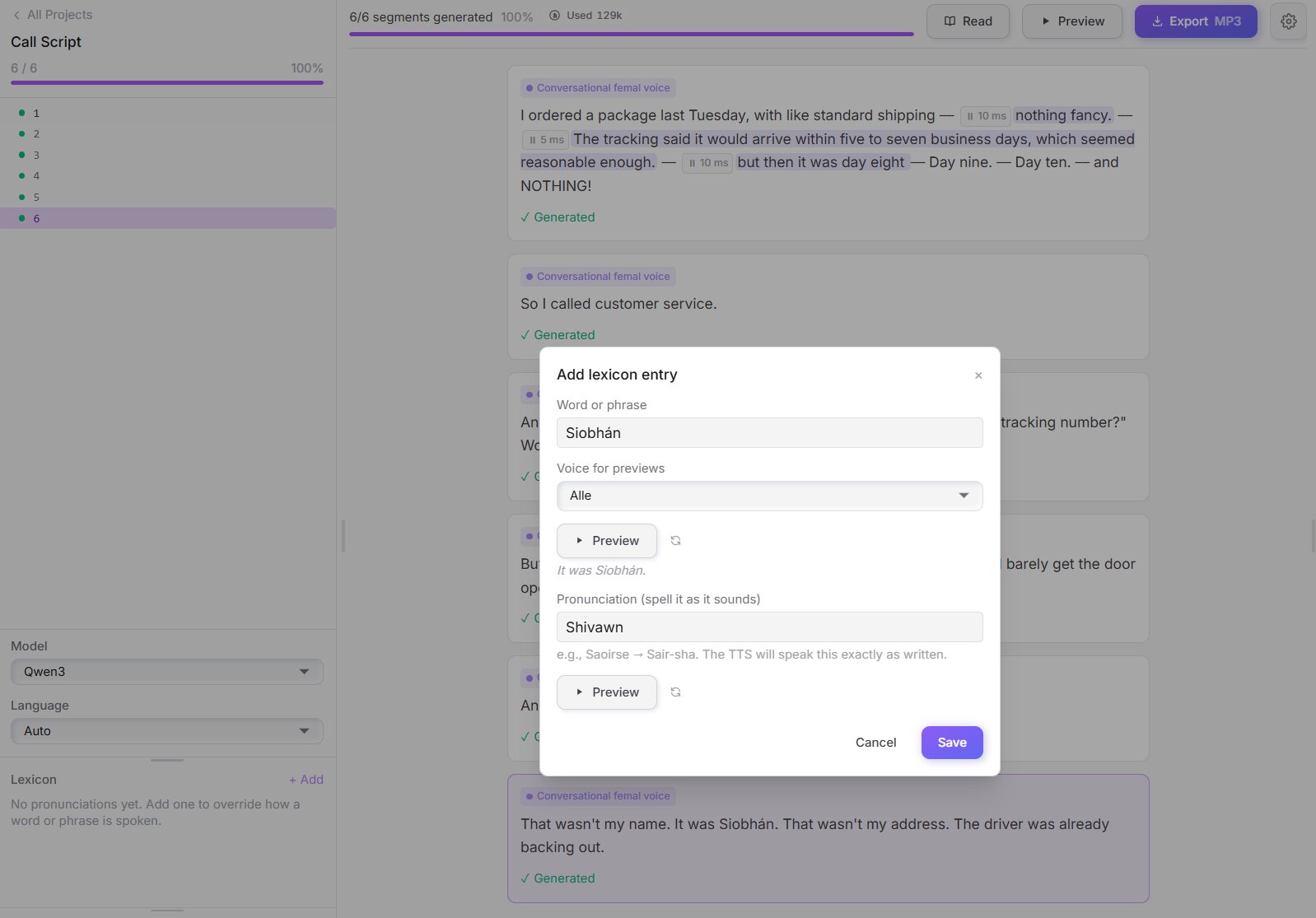 The Add lexicon entry dialog in Voice Creator Pro, mapping the word Siobhán to the pronunciation Shivawn, with a Preview button to hear it first